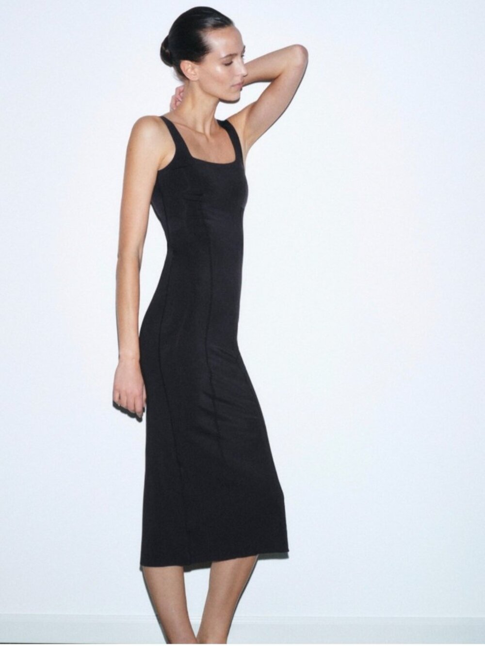 Zara Black Square Neck Bodycon Midi Dress NWT S